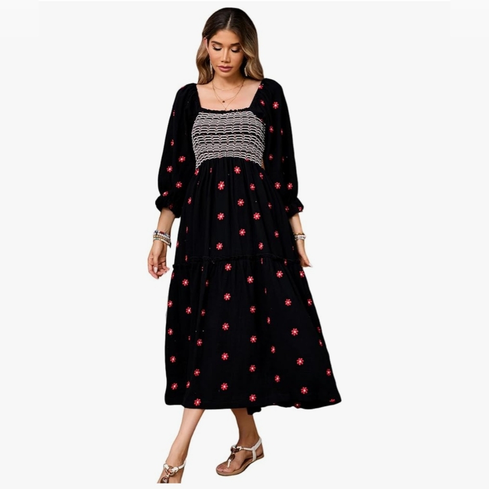Renaissance Boho Black Smocked Ruffle Dress L Large - Picture 2 of 11